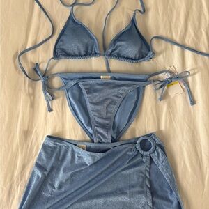 Jessica Simpson Blue Shimmer Triangle Bikini Set with Wrap Skirt